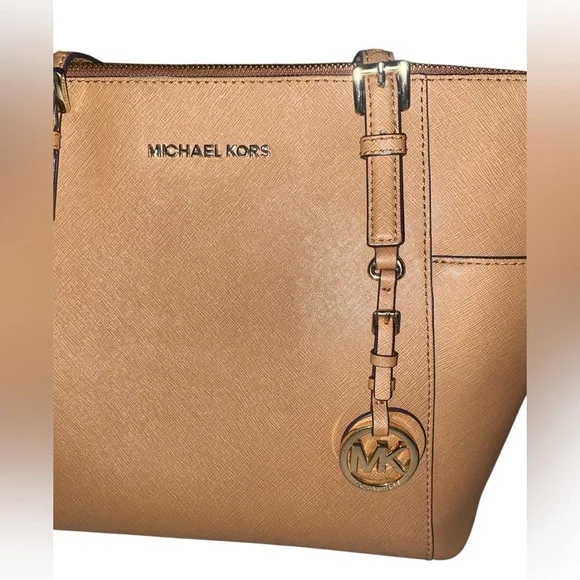 Michael Kors Charlotte Tan/Brown Jet Set Saffiano Leather Top Zip Tote Handbag - Picture 5 of 10